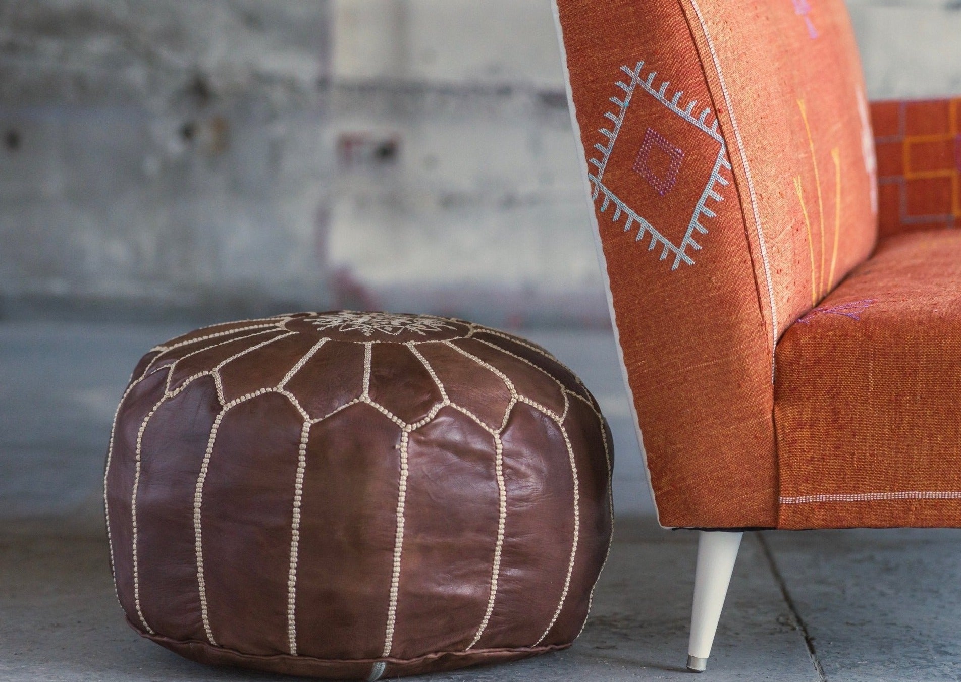 Mocha Leather Pouf - Modern Myth Decor